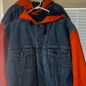 GAP Two-Tone Blue Denim Jacket with Orange Hood & Sleeves